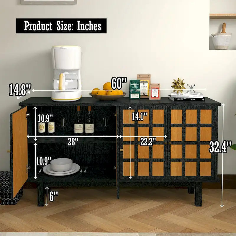 Black 60 TV Stand with Storage & Adjustable Shelves for 65 TVs