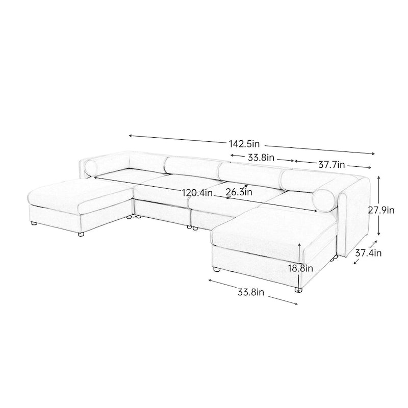 142.5 Chenille Upholstered U-Shaped Modular Sectional Sofa with Storage Seat, DIY Combination