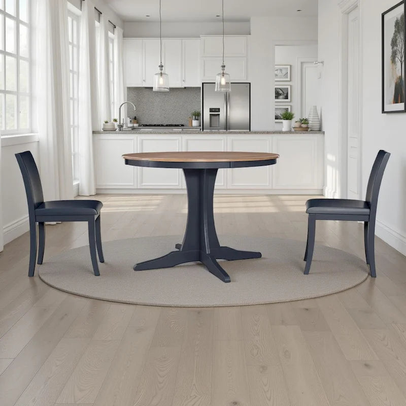 Doti Dining Table, 42 Inch Round Brown Top, Dark Blue Pedestal Base