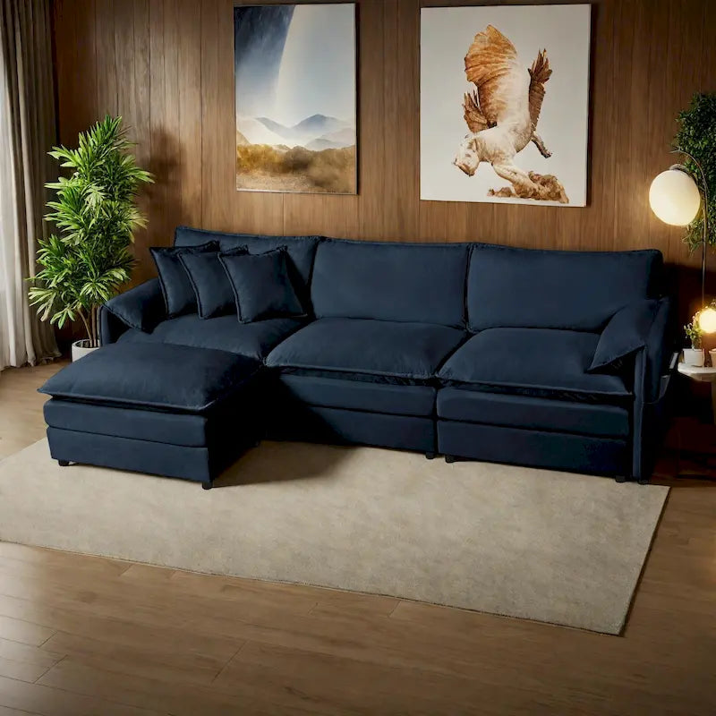 109.45 Chenille Upholstered L-Shaped Modular Sectional Sofa with Double-Layer Cushions, DIY Combination