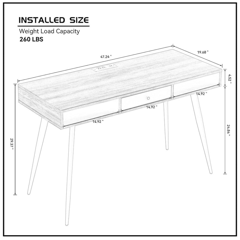 Mid Century Writing Study Desk with Built In USB and Power Outlet and 2 Storage Spaces for Home Office and Study or Bedroom