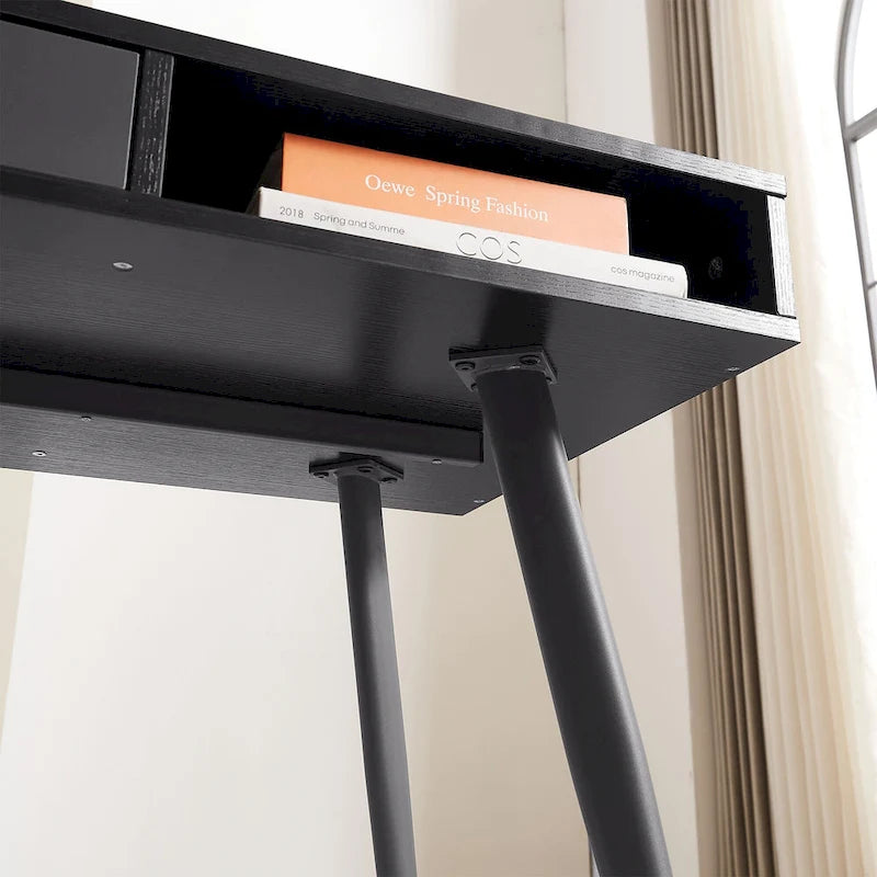 Mid Century Writing Study Desk with Built In USB and Power Outlet and 2 Storage Spaces for Home Office and Study or Bedroom