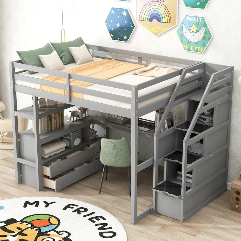 Full Size Loft Bed w/Desk,Shelves,Built-inDrawers,Storage Staircase