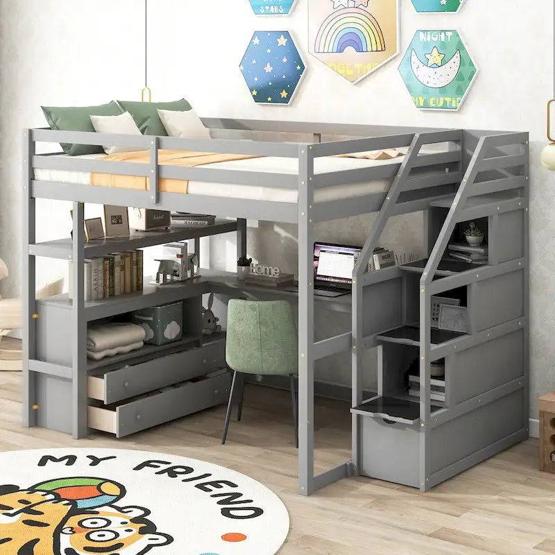 Full Size Loft Bed w/Desk,Shelves,Built-inDrawers,Storage Staircase