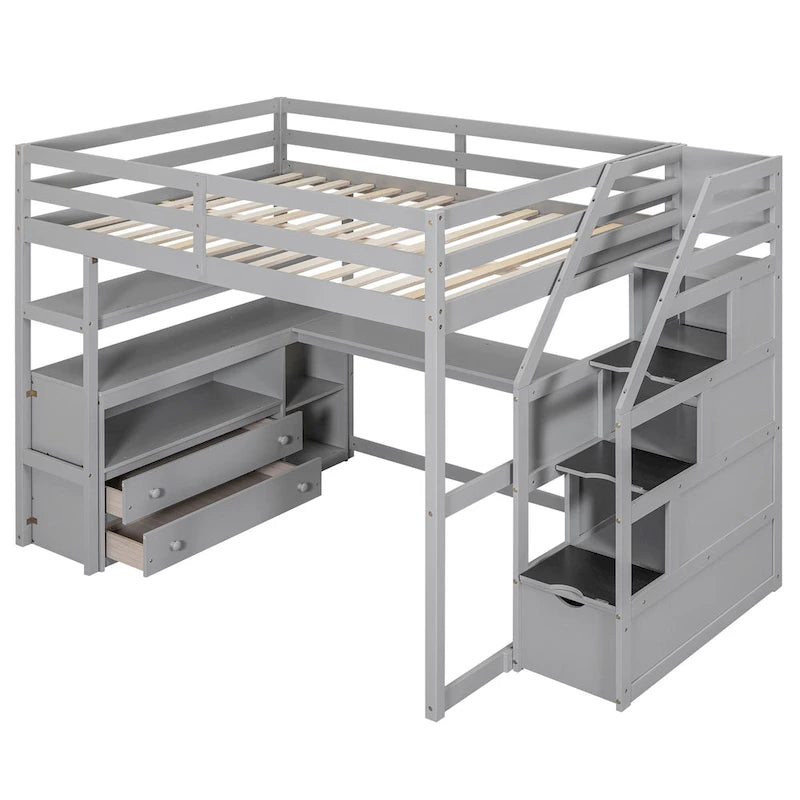 Full Size Loft Bed w/Desk,Shelves,Built-inDrawers,Storage Staircase