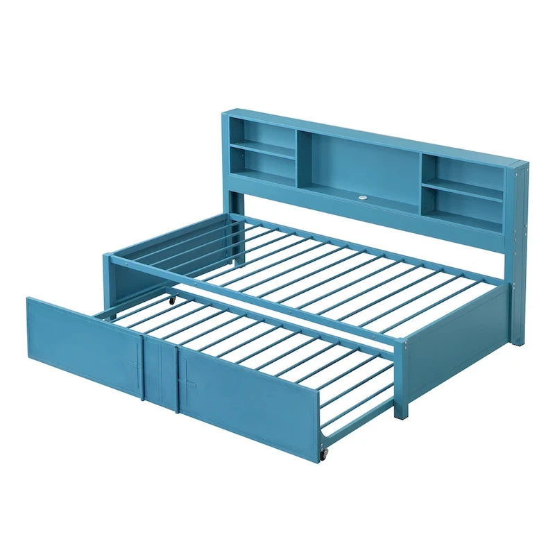 Metal Twin Size Daybed w/Twin Size Trundle, Storage Shelves, USB Ports