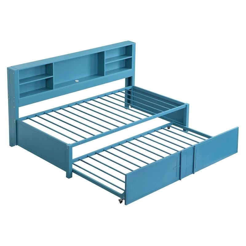 Metal Twin Size Daybed w/Twin Size Trundle, Storage Shelves, USB Ports