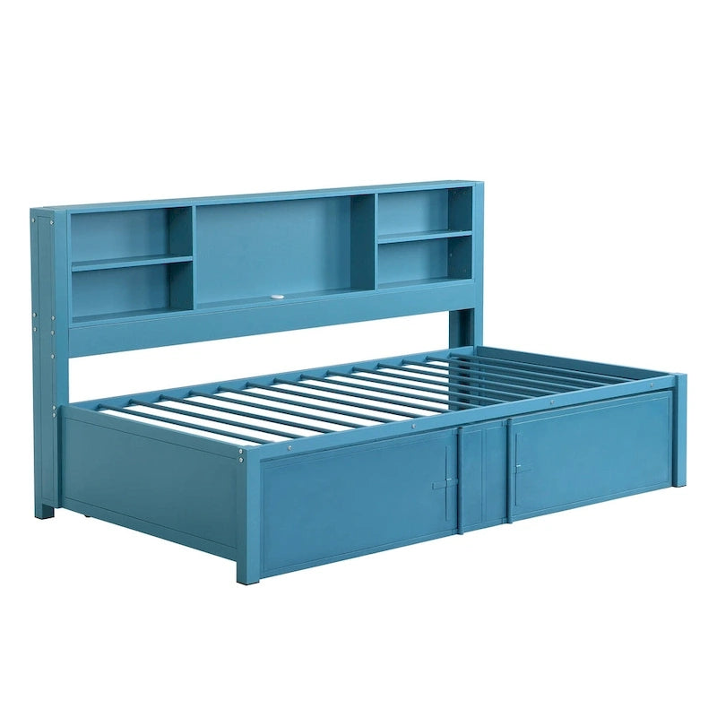 Metal Twin Size Daybed w/Twin Size Trundle, Storage Shelves, USB Ports