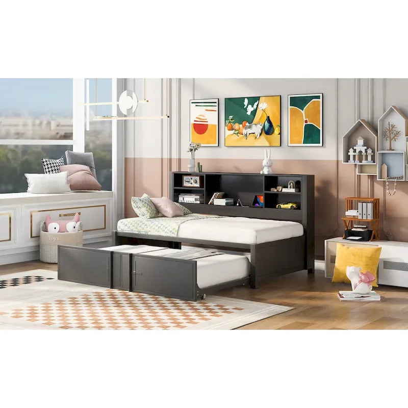 Metal Twin Size Daybed w/Twin Size Trundle, Storage Shelves, USB Ports