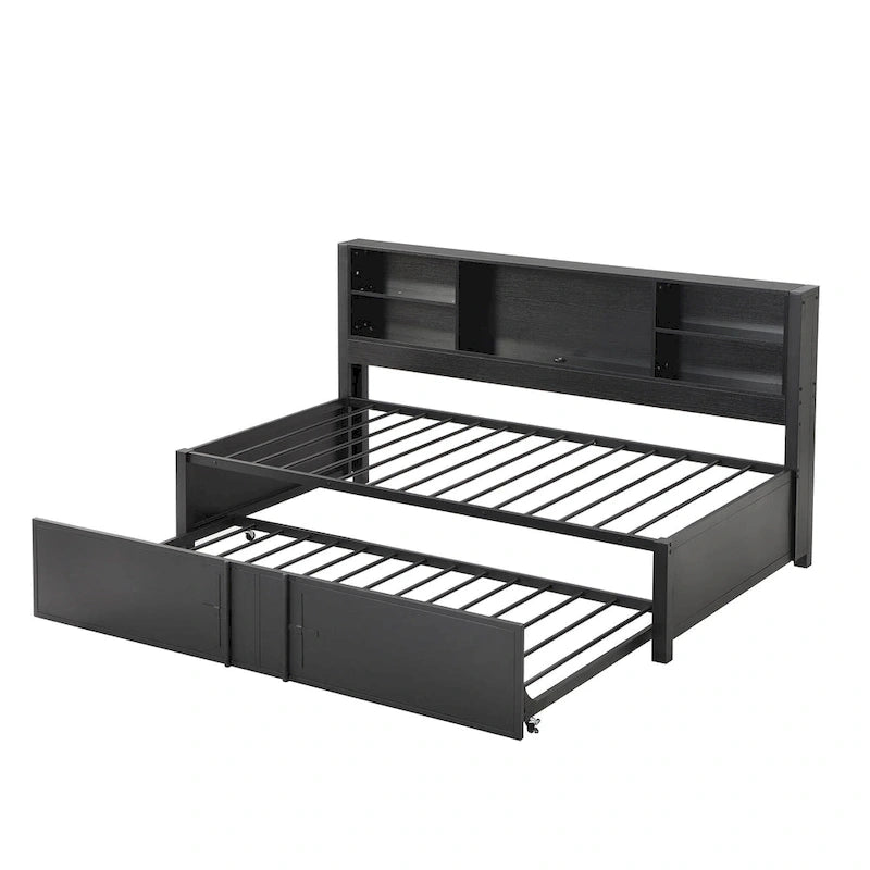 Metal Twin Size Daybed w/Twin Size Trundle, Storage Shelves, USB Ports