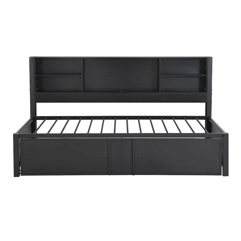 Metal Twin Size Daybed w/Twin Size Trundle, Storage Shelves, USB Ports