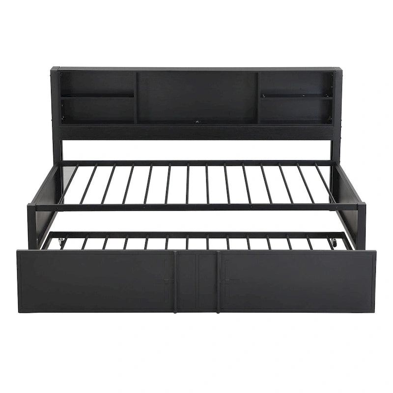 Metal Twin Size Daybed w/Twin Size Trundle, Storage Shelves, USB Ports