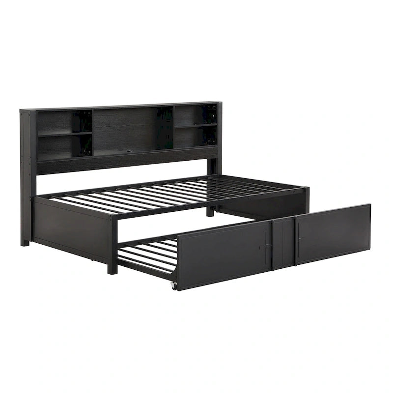 Metal Twin Size Daybed w/Twin Size Trundle, Storage Shelves, USB Ports