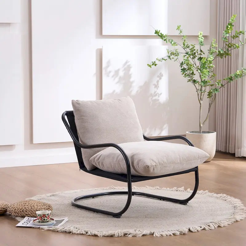 FERPIT Modern Curved Accent Chair with Faux Linen Upholstery, Comfy Lounge Chair with Metal Frame & Cushions