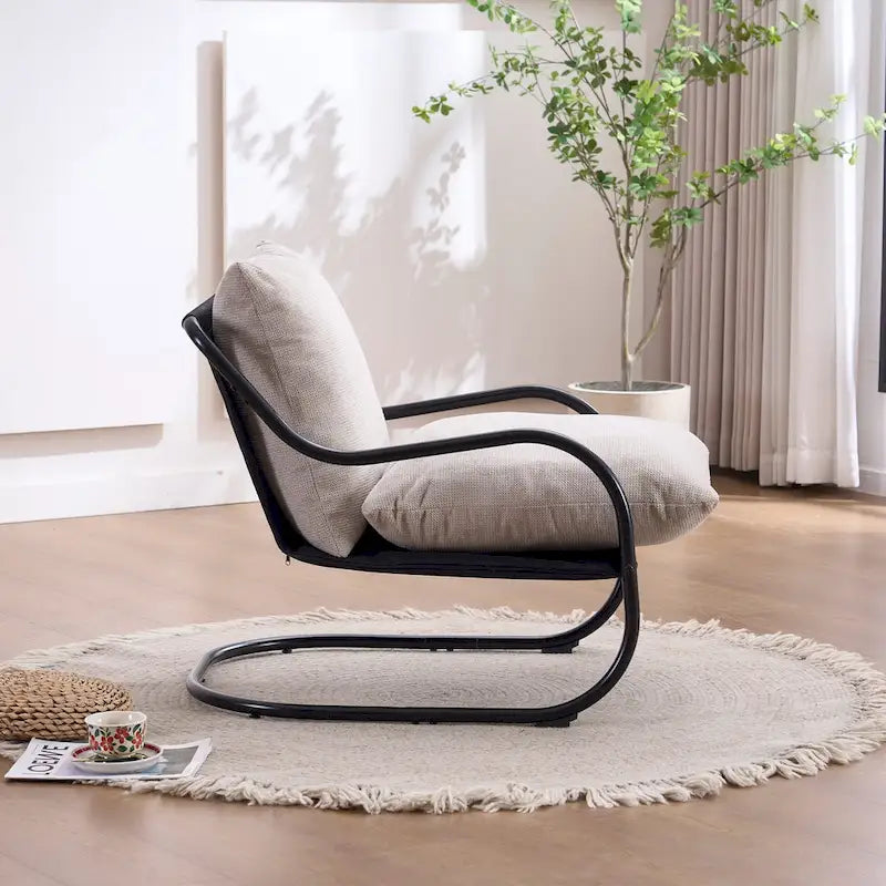 FERPIT Modern Curved Accent Chair with Faux Linen Upholstery, Comfy Lounge Chair with Metal Frame & Cushions