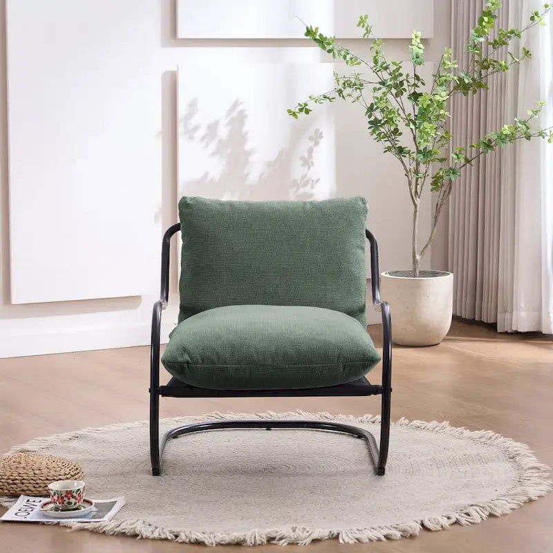 FERPIT Modern Curved Accent Chair with Faux Linen Upholstery, Comfy Lounge Chair with Metal Frame & Cushions