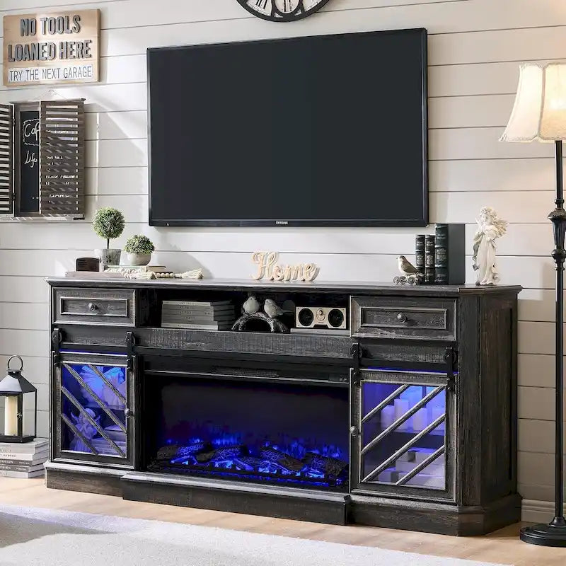 Farmhouse Fireplace TV Stand for 85 Inch TV, Entertainment Center