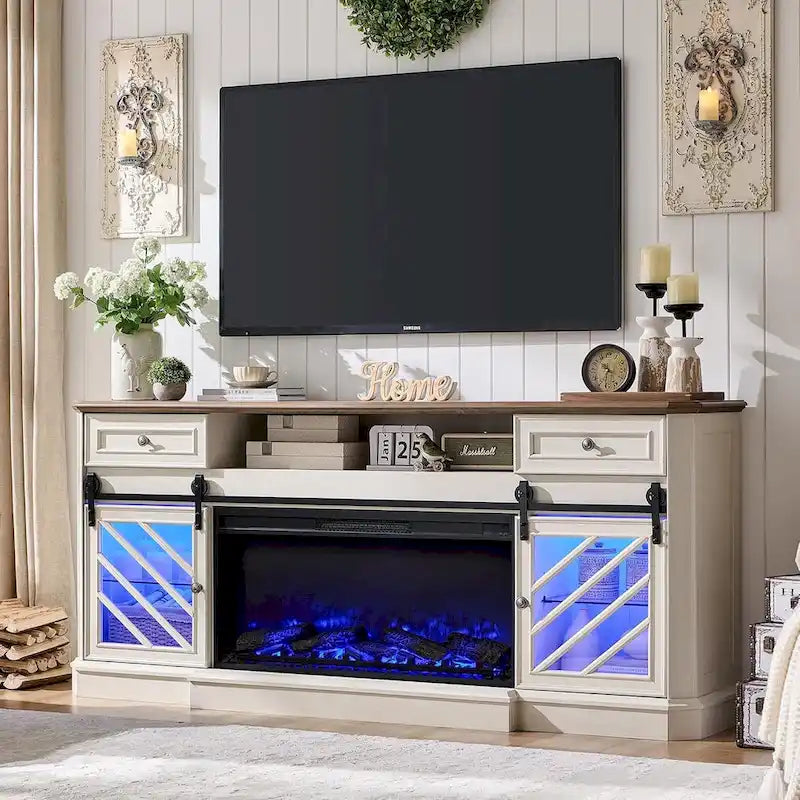 Farmhouse Fireplace TV Stand for 85 Inch TV, Entertainment Center