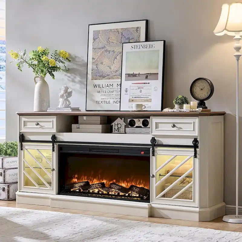 Farmhouse Fireplace TV Stand for 85 Inch TV, Entertainment Center