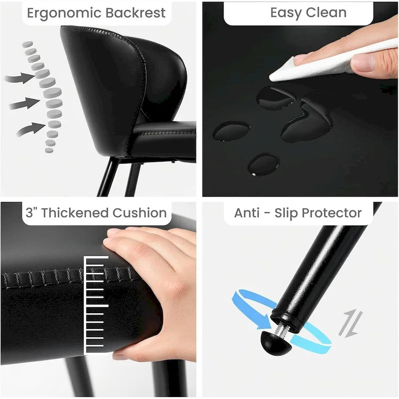 Upholstered Kitchen Chairs with Faux Leather Cushion Seat and Metal Legs, Mid Century, Black,Set of 2