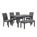 Drake 6 Piece Dining Table Set, 4 Chairs, Bench, Gray Fabric, Black Wood
