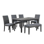Drake 6 Piece Dining Table Set, 4 Chairs, Bench, Gray Fabric, Black Wood