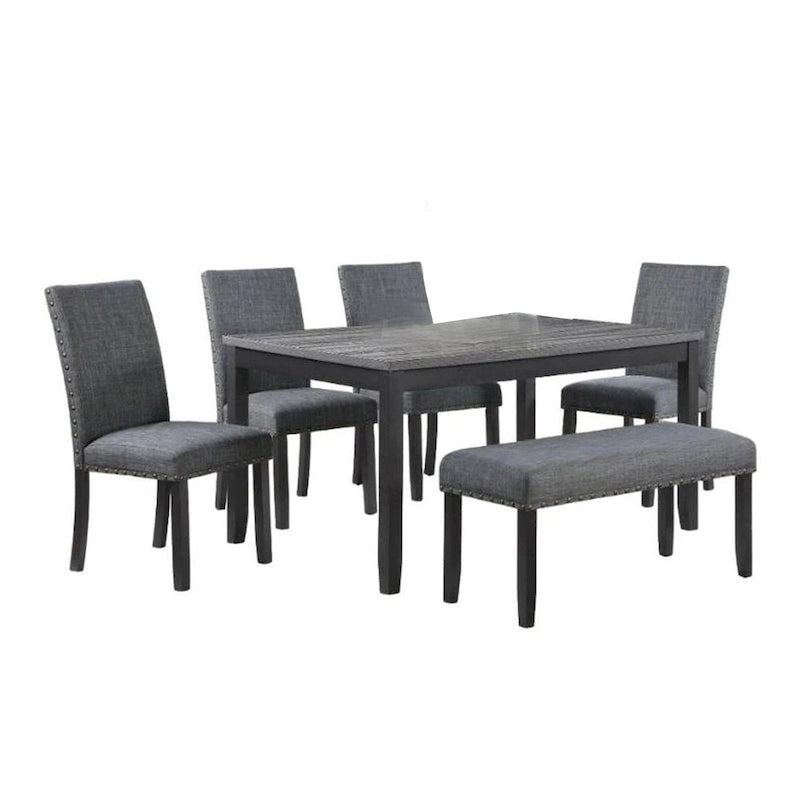 Drake 6 Piece Dining Table Set, 4 Chairs, Bench, Gray Fabric, Black Wood