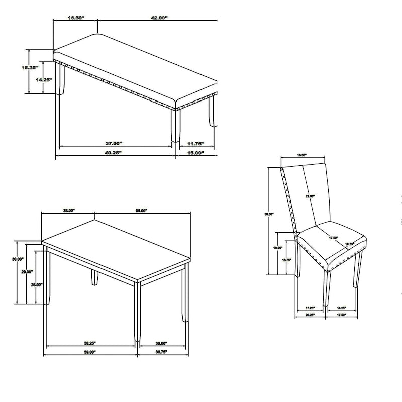 Drake 6 Piece Dining Table Set, 4 Chairs, Bench, Gray Fabric, Black Wood