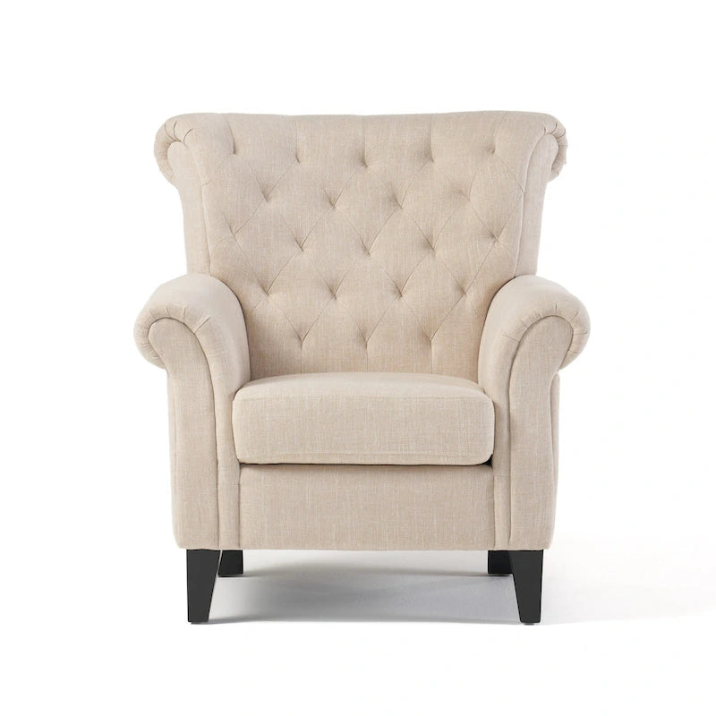 Koni Accent Armchair, Button Diamond Tufted, Rolled Arms, Beige Fabric