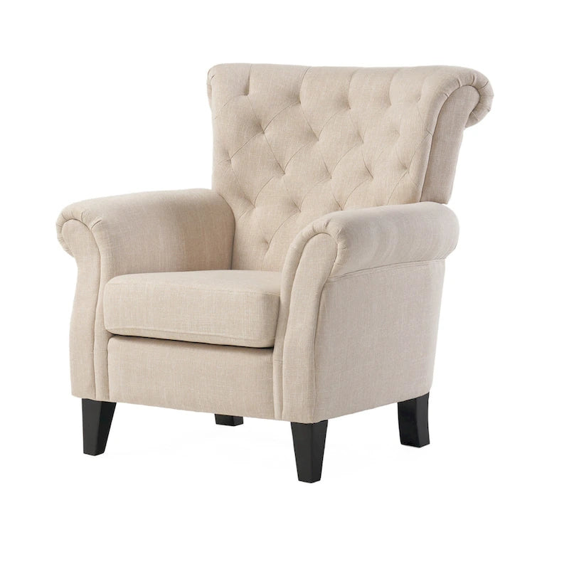 Koni Accent Armchair, Button Diamond Tufted, Rolled Arms, Beige Fabric