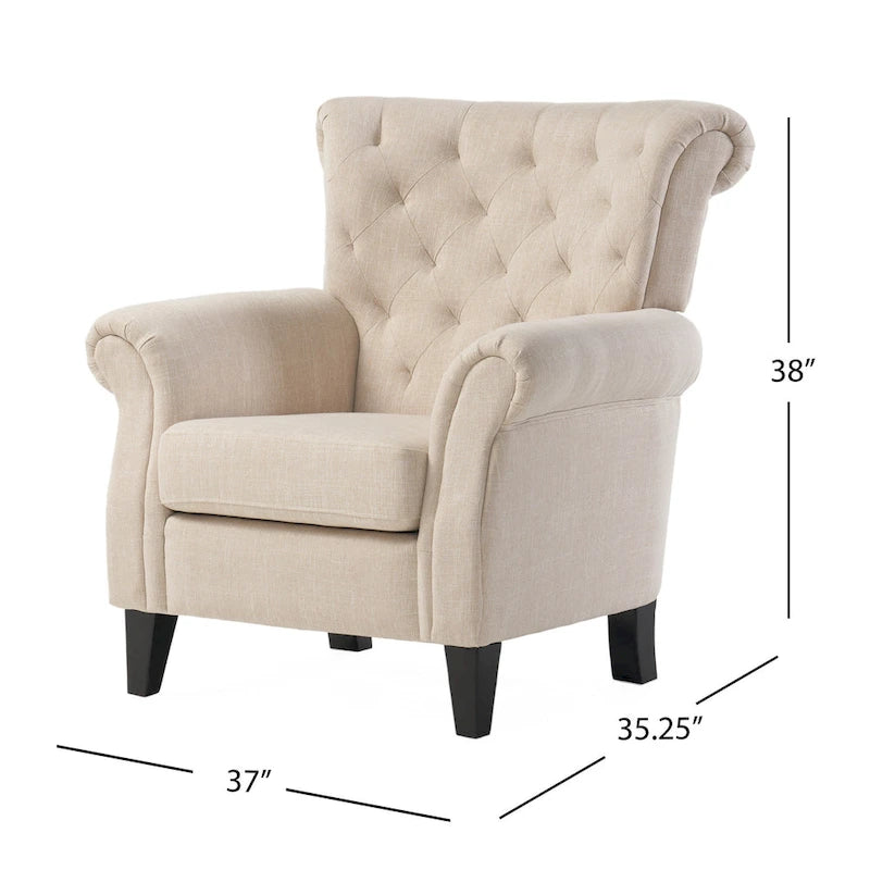 Koni Accent Armchair, Button Diamond Tufted, Rolled Arms, Beige Fabric