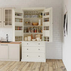 77 Farmhouse-Style Freestanding Pantry  Spacious Kitchen Storage Cabinet with 3 Adjustable Shelves, 8 Door Racks & 3 Drawers.