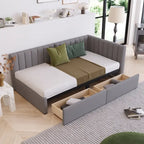 Grey Linen Upholstered Daybed with 2 Storage Drawers, Twin Size Sofa Bed Frame, No Box Spring Needed