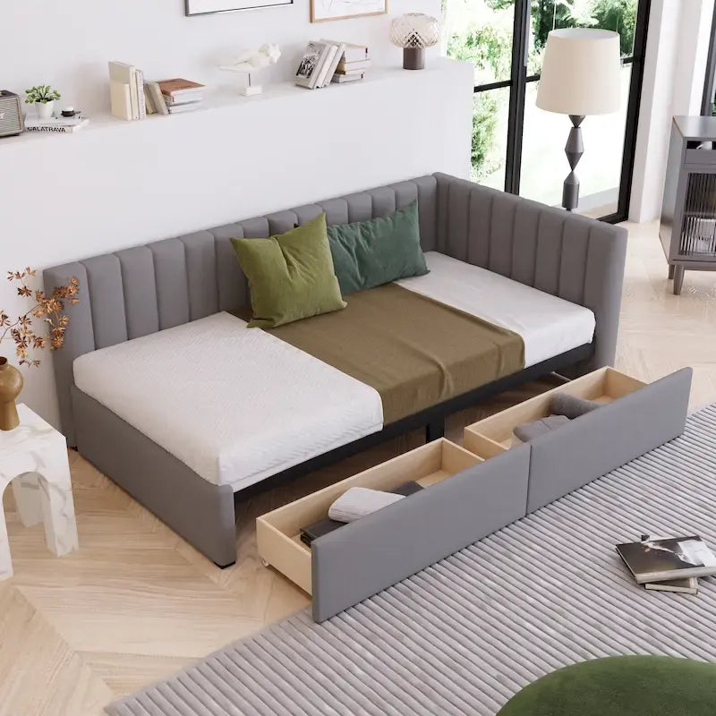 Grey Linen Upholstered Daybed with 2 Storage Drawers, Twin Size Sofa Bed Frame, No Box Spring Needed