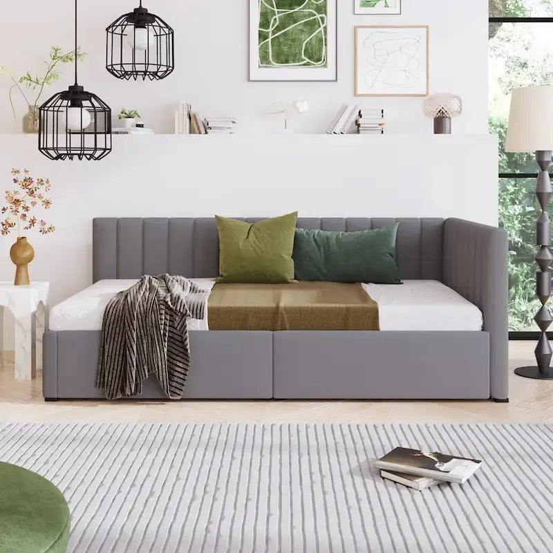 Grey Linen Upholstered Daybed with 2 Storage Drawers, Twin Size Sofa Bed Frame, No Box Spring Needed
