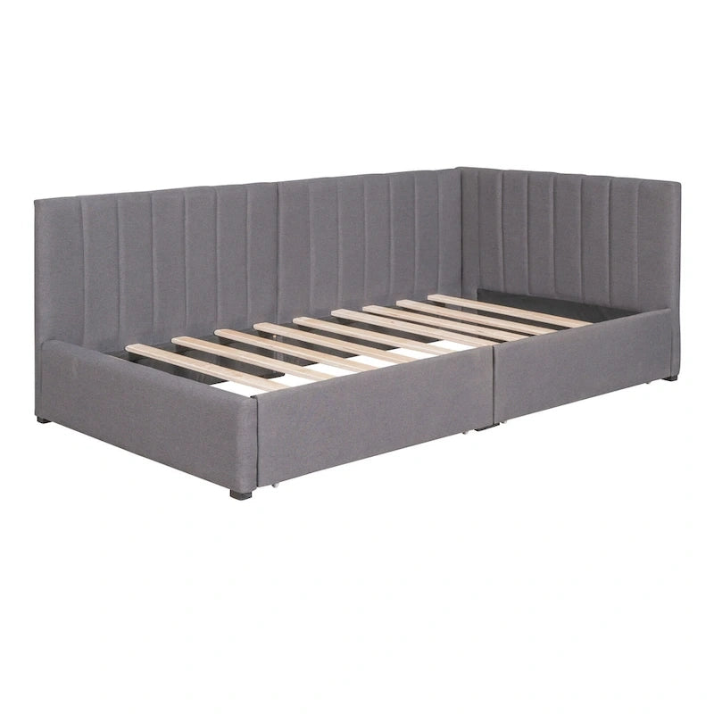 Grey Linen Upholstered Daybed with 2 Storage Drawers, Twin Size Sofa Bed Frame, No Box Spring Needed