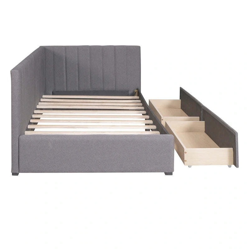 Grey Linen Upholstered Daybed with 2 Storage Drawers, Twin Size Sofa Bed Frame, No Box Spring Needed