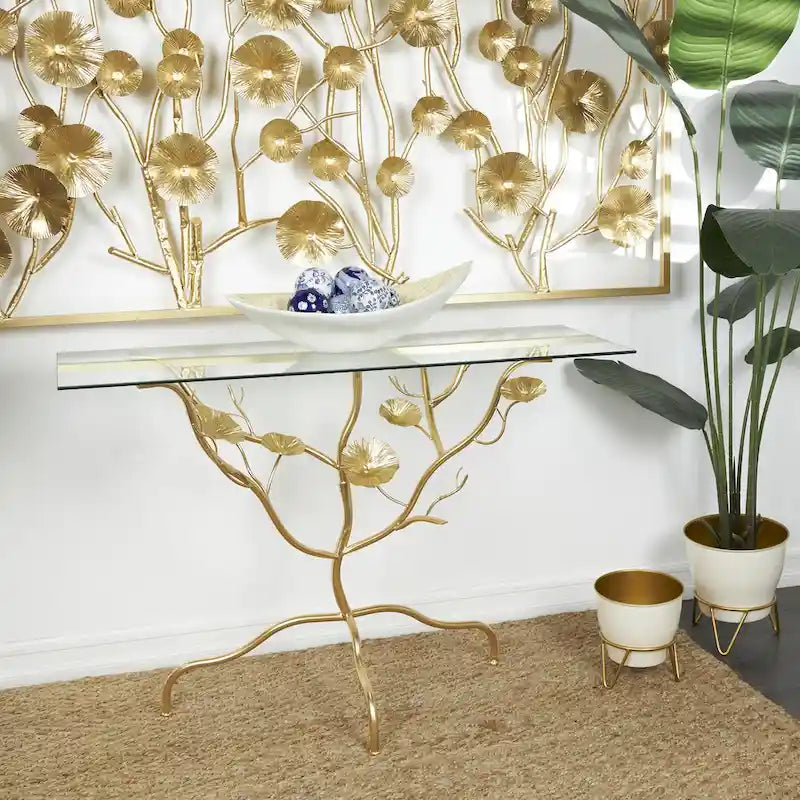 Metal Floral Branch Console Table with Glass Top - Gold - Roche River Decor