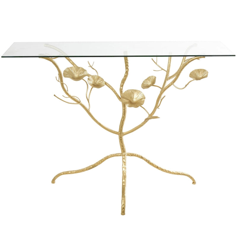 Metal Floral Branch Console Table with Glass Top - Gold - Roche River Decor