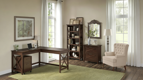 60W L Desk with File Cabinets and Bookcase