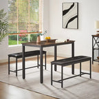 3-Piece Dining Table Set, Rectangular Dining Table with 2 Benches, Rustic Brown and Black