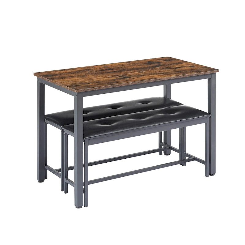 3-Piece Dining Table Set, Rectangular Dining Table with 2 Benches, Rustic Brown and Black