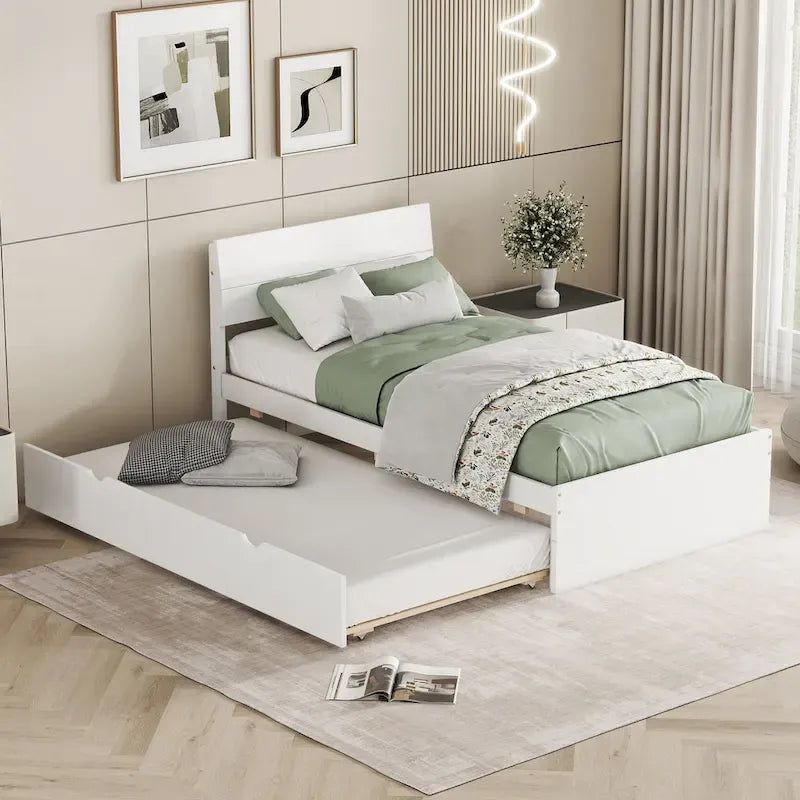 Twin Size White Wood Platform Bed with Twin Trundle