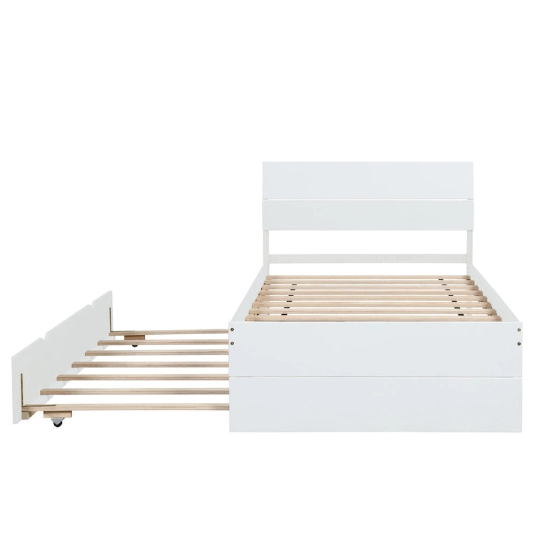 Twin Size White Wood Platform Bed with Twin Trundle