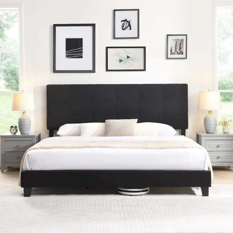 Black King Size Linen Upholstered Platform Bed