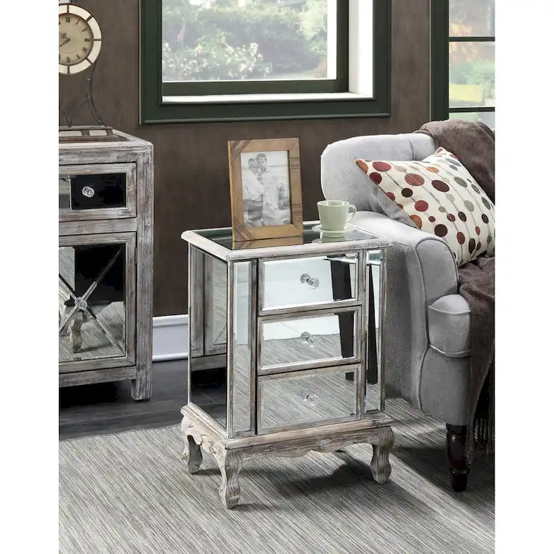 Convenience Concepts Gold Coast Vineyard Mirrored 3 Drawer End Table