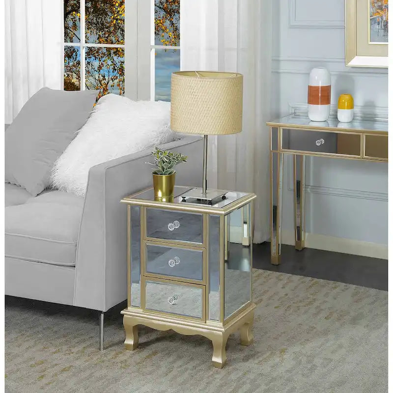 Convenience Concepts Gold Coast Vineyard Mirrored 3 Drawer End Table