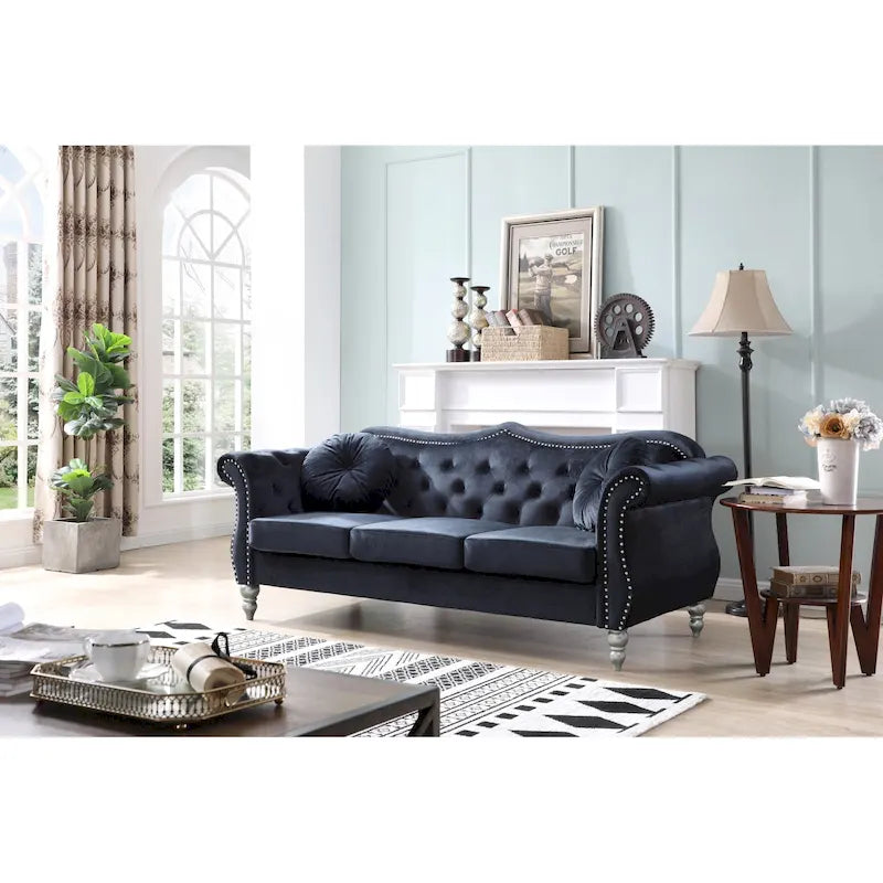 Hollywood 82 in. Velvet Chesterfield 3-Seater Sofa with 2-Throw Pillow - 82L x 35W x 34H