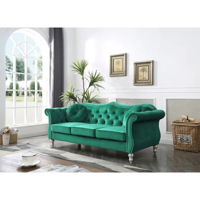 Hollywood 82 in. Velvet Chesterfield 3-Seater Sofa with 2-Throw Pillow - 82L x 35W x 34H