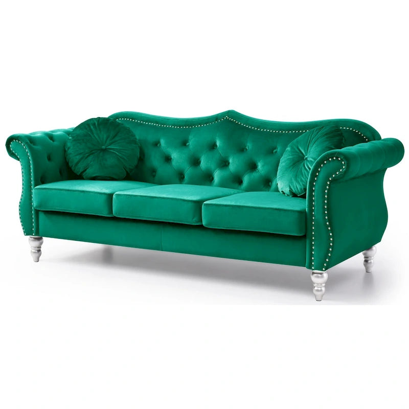 Hollywood 82 in. Velvet Chesterfield 3-Seater Sofa with 2-Throw Pillow - 82L x 35W x 34H